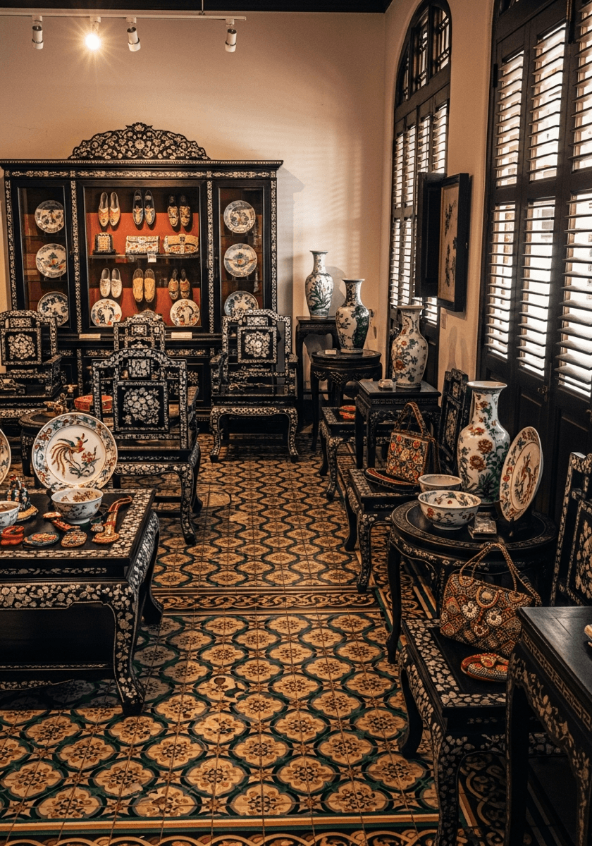 Peranakan heritage interior with traditional tile patterns and cultural artifacts